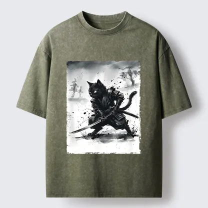 Tokyo-Tiger Ink Samurai Cat Art Washed T-Shirt