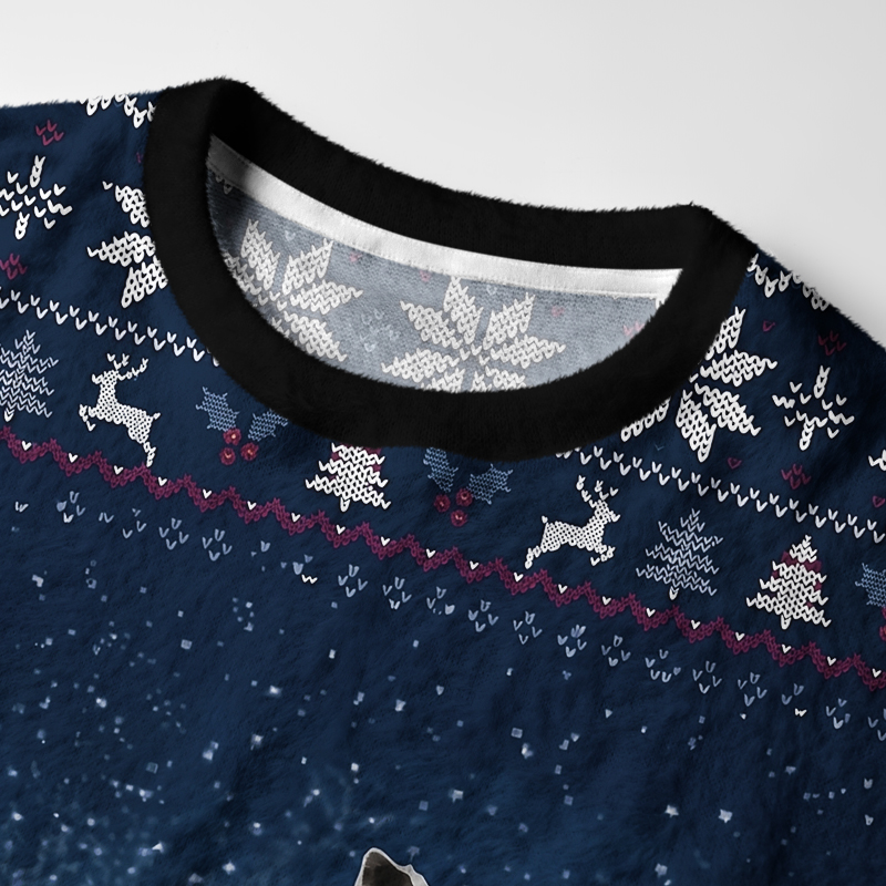Tokyo-Tiger Black Cat Adorned by Snow Fuzzy Christmas Ugly Sweatshirt