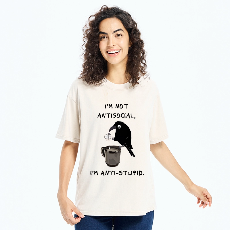 Tokyo-Tiger Cool Crow Sips Calm Coffee Alone Washed T-Shirt