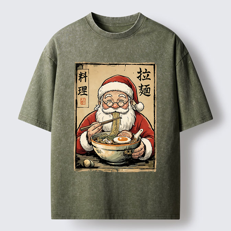 Tokyo-Tiger Santa Eating Ramen Meme Washed T-Shirt