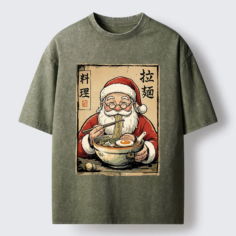 Tokyo-Tiger Santa Eating Ramen Meme Washed T-Shirt