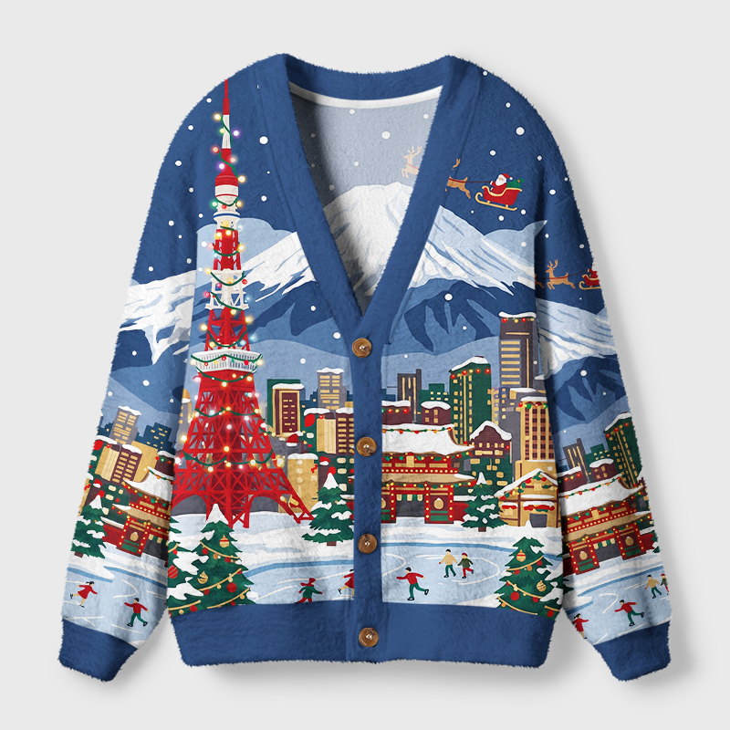 Tokyo-Tiger Snowy Tokyo Cityscape Ugly Cardigan Sweaterr