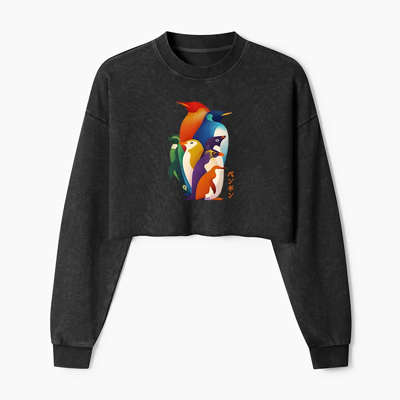 Tokyo-Tiger Cute Multi Tone Penguins Washed Crop Sweatshirt