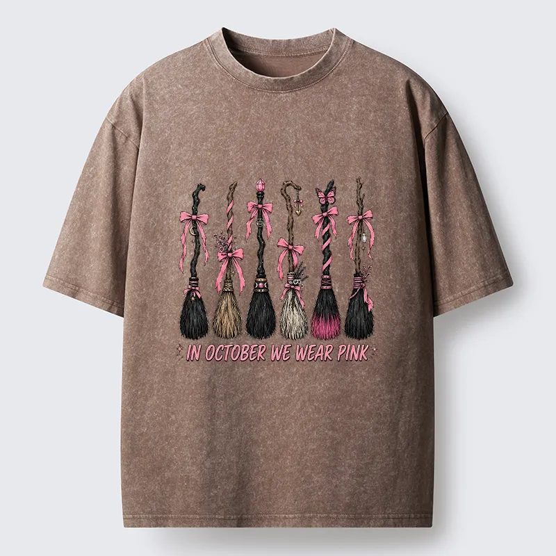 Tokyo-Tiger Witch Broom Breast Cancer Awareness Washed T-Shirt