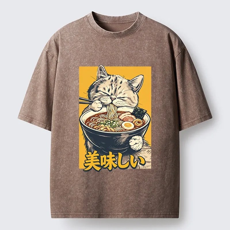 Tokyo‑Tiger Cat Eat Ramen Washed T‑Shirt