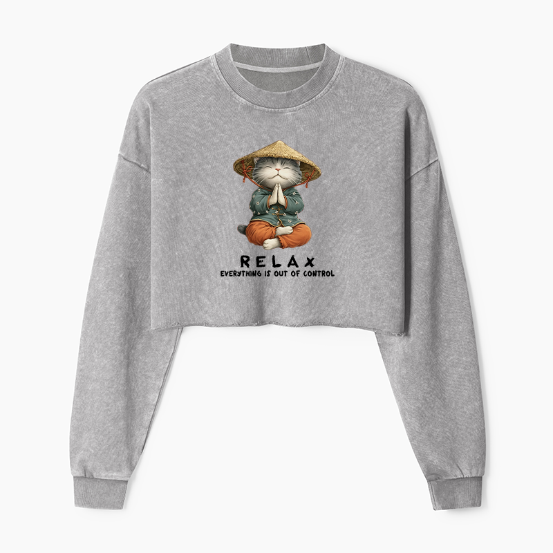 Tokyo-Tiger Zen Relax Cat Graphic Washed Crop Sweatshirt