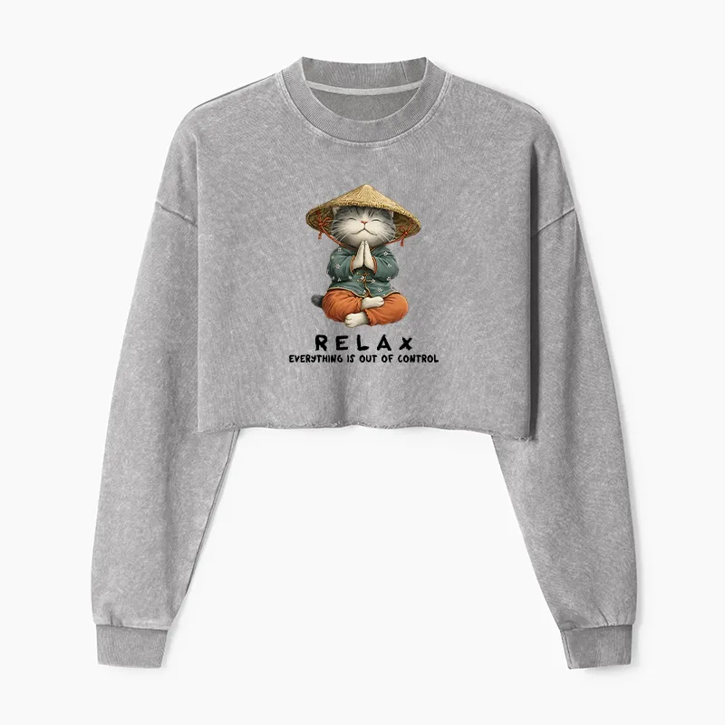 Tokyo-Tiger Zen Relax Cat Graphic Washed Crop Sweatshirt