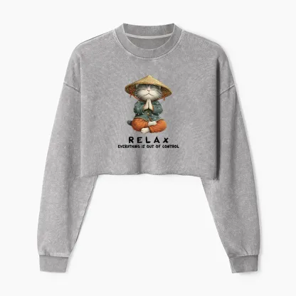 Tokyo-Tiger Zen Relax Cat Graphic Washed Crop Sweatshirt