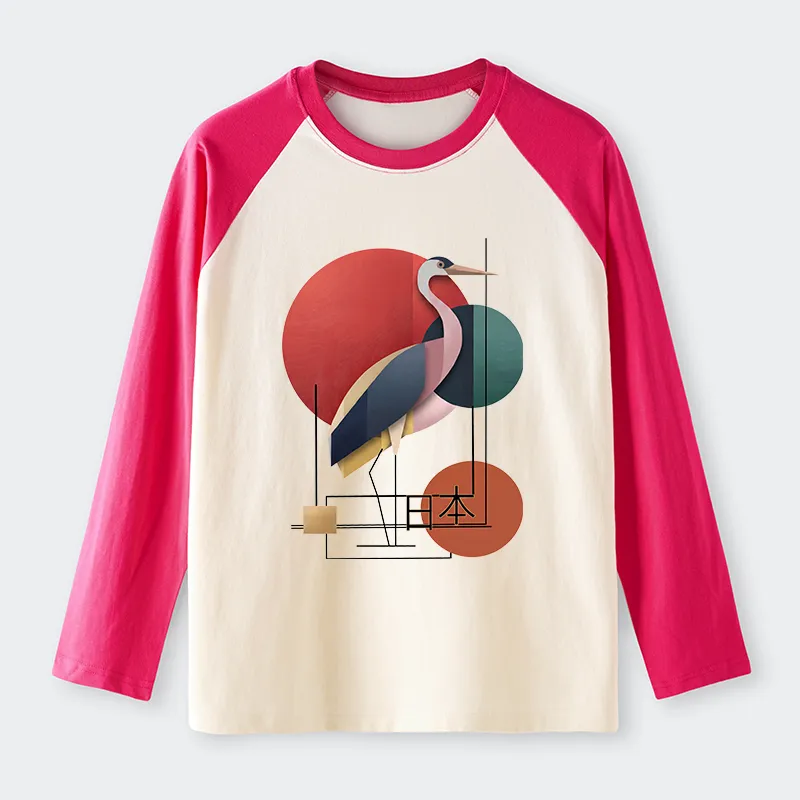 Tokyo-Tiger Geometric Crane Art Raglan Long Sleeve T-shirt