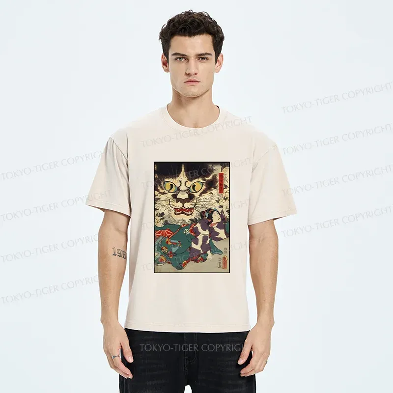 Tokyo-Tiger Japanese Cat Yokai Washed T-Shirt