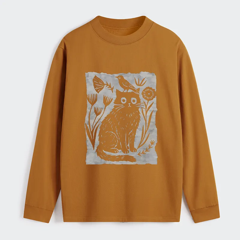 Tokyo-Tiger Folk Paper Cut Cat Bird Floral Art Classic Long Sleeve T-Shirt