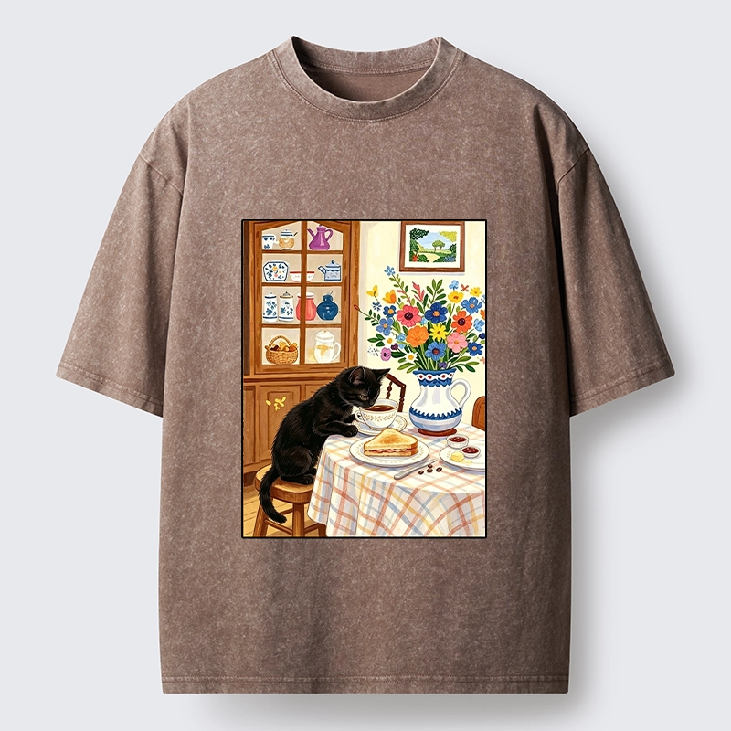 Tokyo‑Tiger Cute Snack Time Cat Washed T‑Shirt