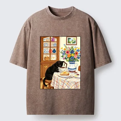 Tokyo‑Tiger Cute Snack Time Cat Washed T‑Shirt