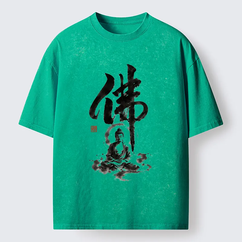 Tokyo-Tiger Zen Buddha Ink Kanji Painting Washed T-Shirt