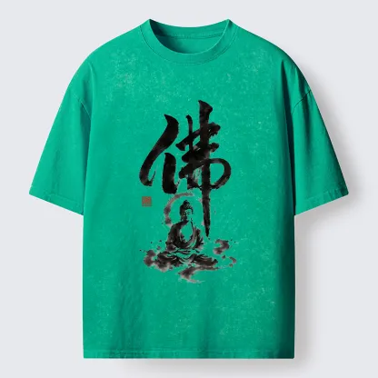 Tokyo-Tiger Zen Buddha Ink Kanji Painting Washed T-Shirt