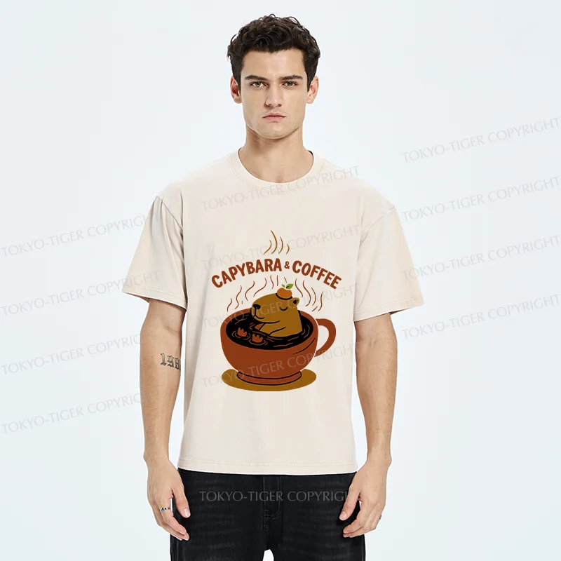 Tokyo-Tiger Capybara Coffee Funny Washed T-Shirt