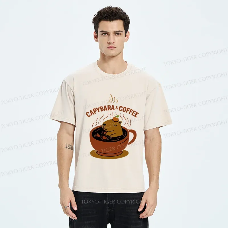 Tokyo-Tiger Capybara Coffee Funny Washed T-Shirt