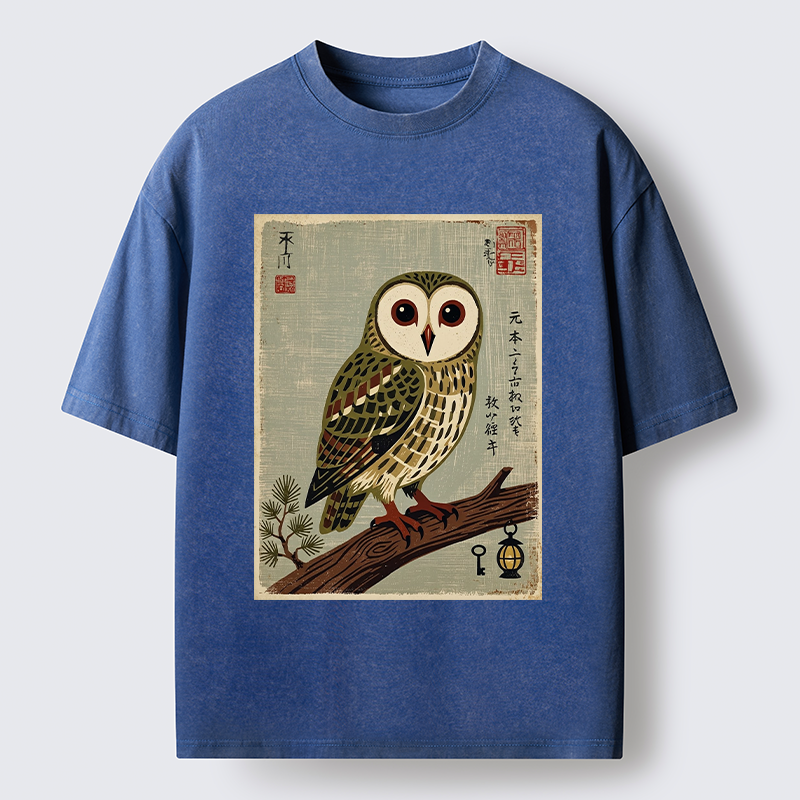 Tokyo-Tiger Vintage Woodblock Owl Art Washed T-Shirt