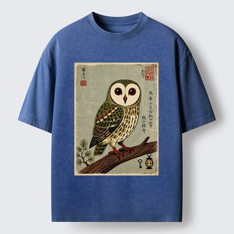 Tokyo-Tiger Vintage Woodblock Owl Art Washed T-Shirt