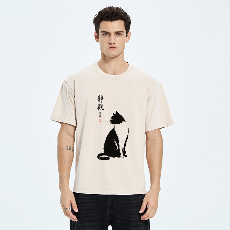 Tokyo-Tiger Calm Black And White Cat Washed T-Shirt