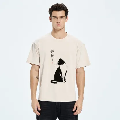 Tokyo-Tiger Calm Black And White Cat Washed T-Shirt