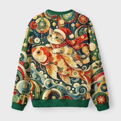 Tokyo-Tiger Funny Cat Riding Koi Fuzzy Christmas Ugly Sweatshirt