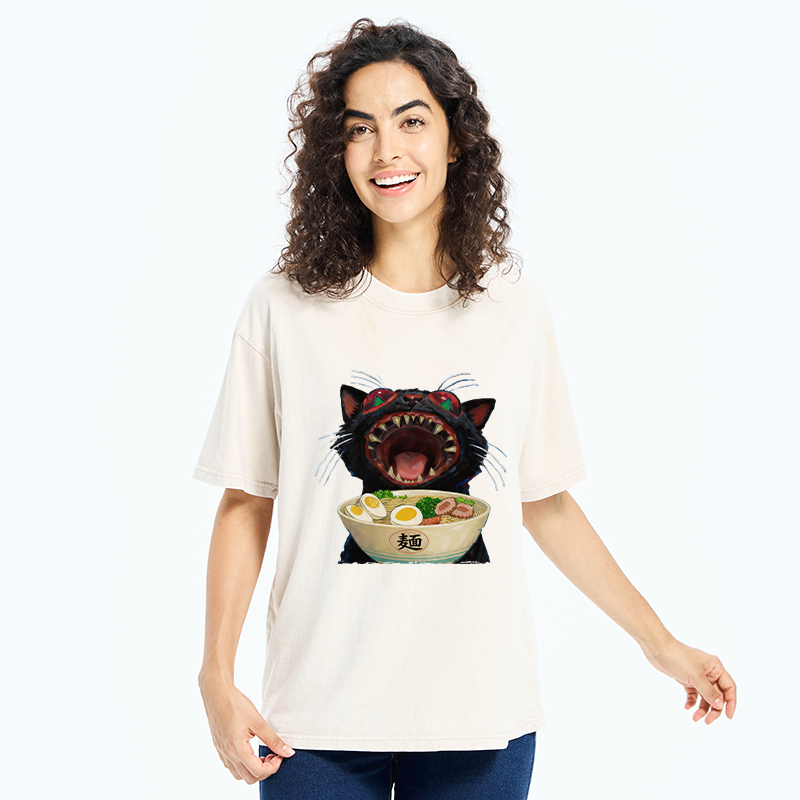 Tokyo-Tiger Black Cat Is Ready To Eat Ramen Washed T-Shirt