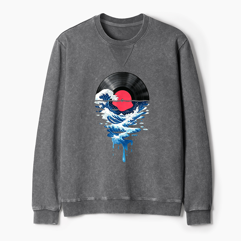 Tokyo-Tiger Vinyl Records And Waves Washed Terry Sweatshirt