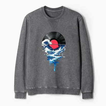 Tokyo-Tiger Vinyl Records And Waves Washed Terry Sweatshirt