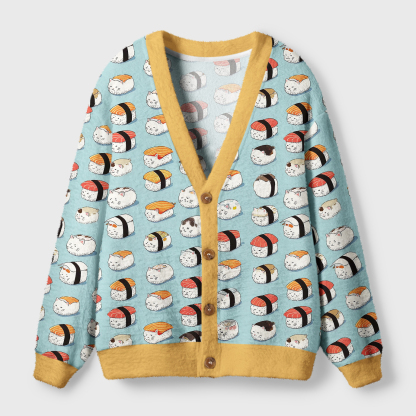 Tokyo-Tiger Funny Cat Sushi Ugly Cardigan Sweater