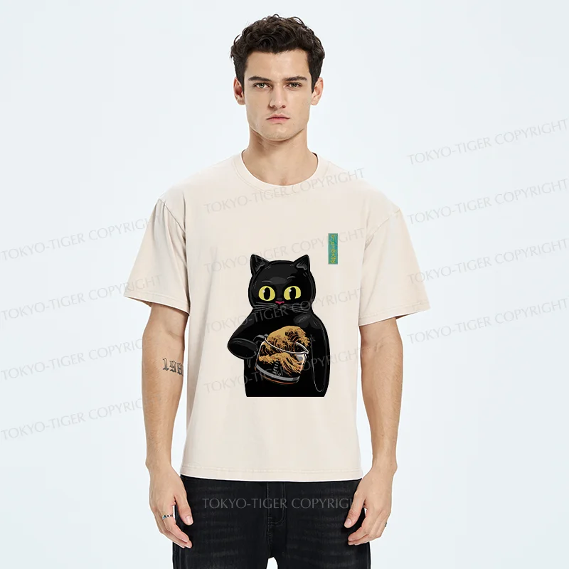 Tokyo-Tiger Black Cat Holding Coffee Washed T-Shirt