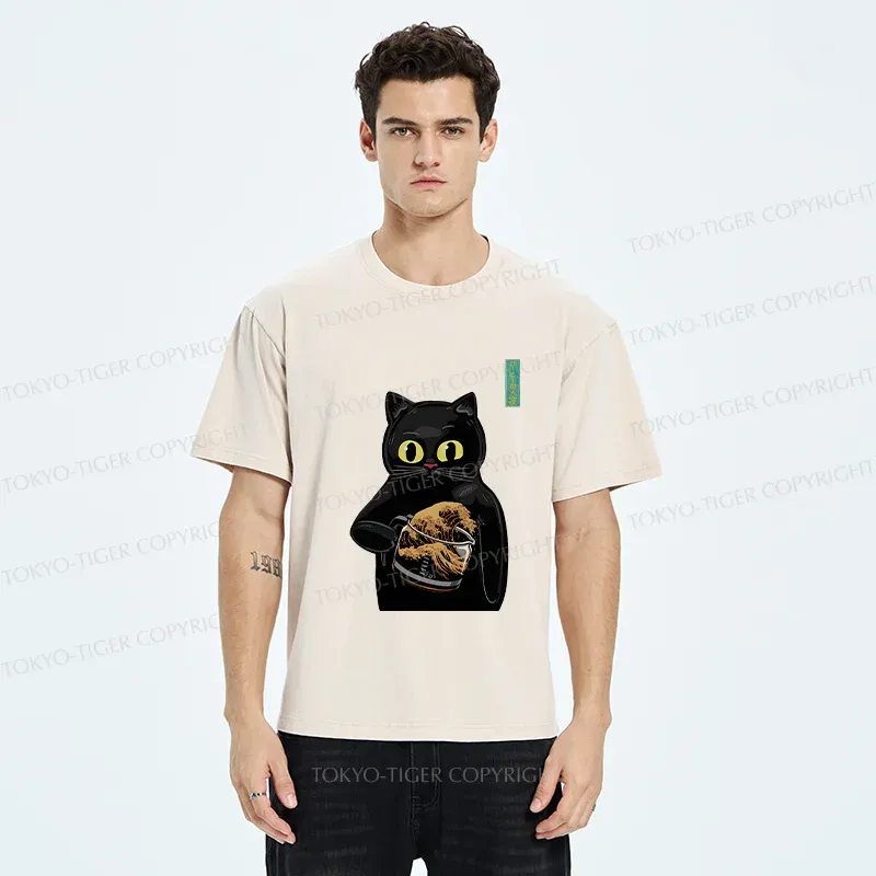 Tokyo-Tiger Black Cat Holding Coffee Washed T-Shirt