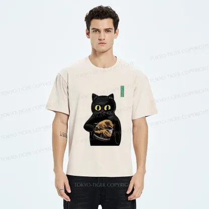 Tokyo-Tiger Black Cat Holding Coffee Washed T-Shirt