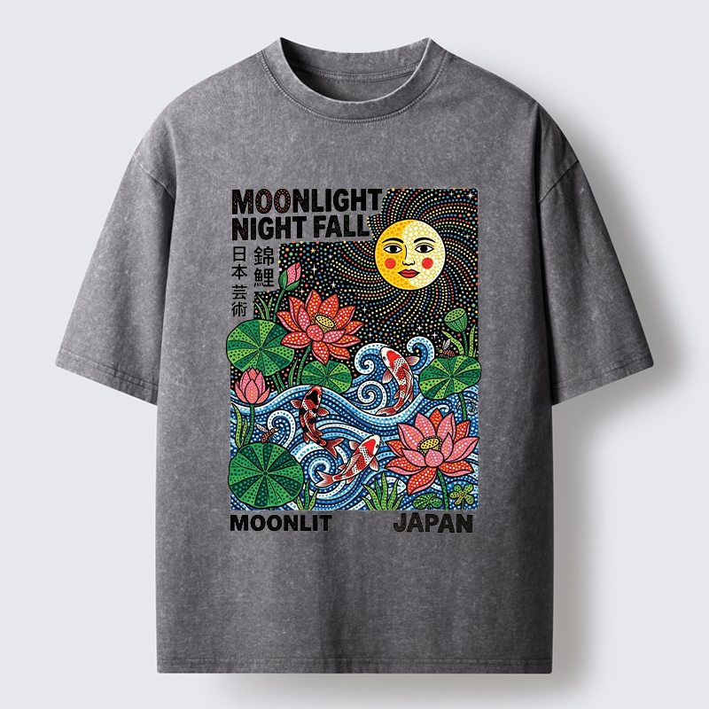 Tokyo-Tiger Japanese Koi Lotus Pond Art Washed T-Shirt