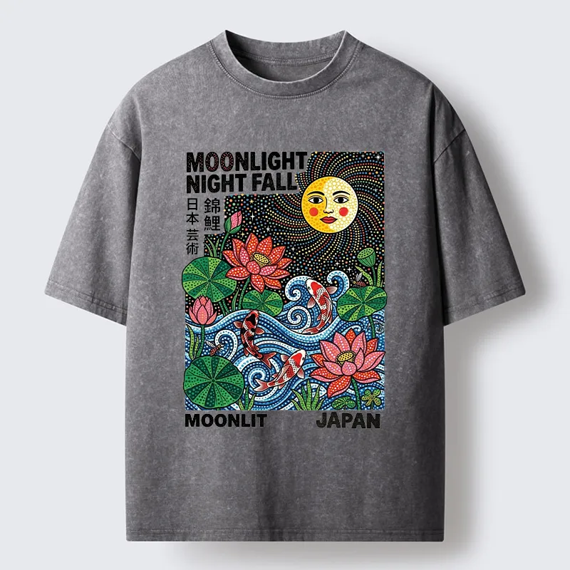 Tokyo-Tiger Japanese Koi Lotus Pond Art Washed T-Shirt