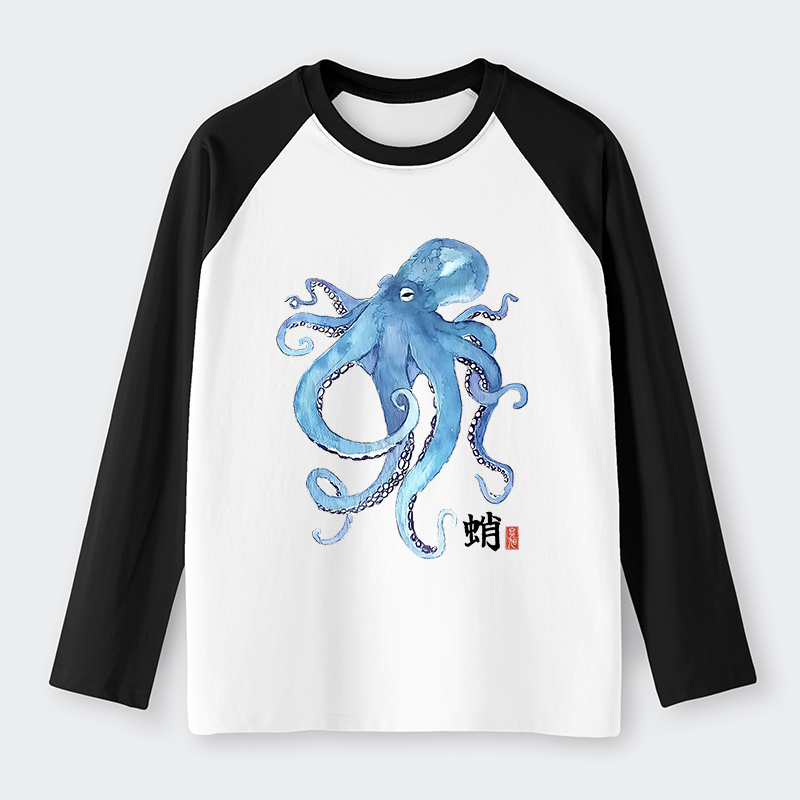 Tokyo-Tiger Watercolor Blue Octopus Raglan Long Sleeve T-shirt
