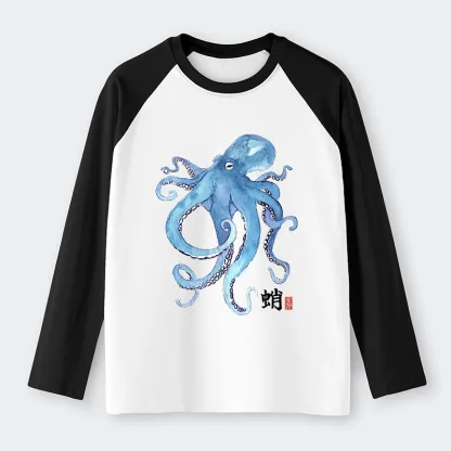 Tokyo-Tiger Watercolor Blue Octopus Raglan Long Sleeve T-shirt