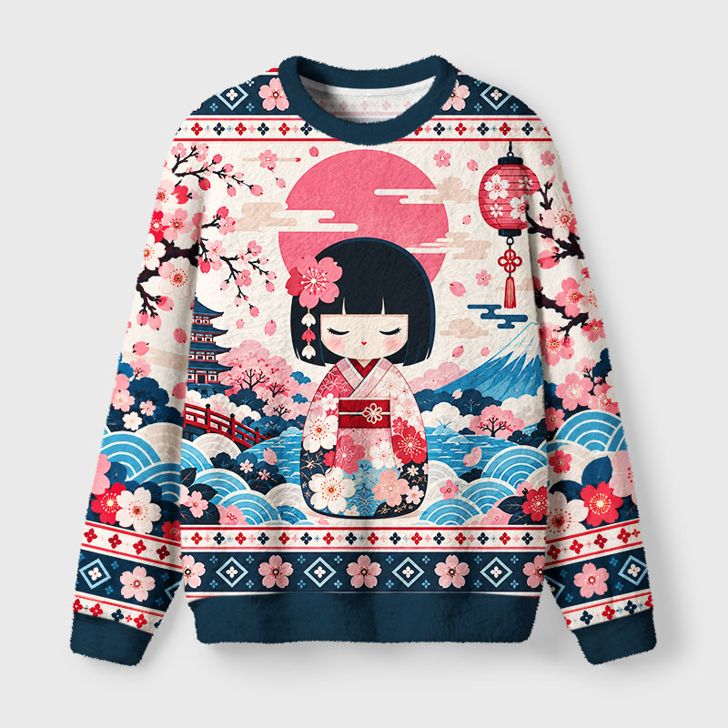 Tokyo-Tiger Cute Japanese Doll Fuzzy Christmas Ugly Sweatshirt