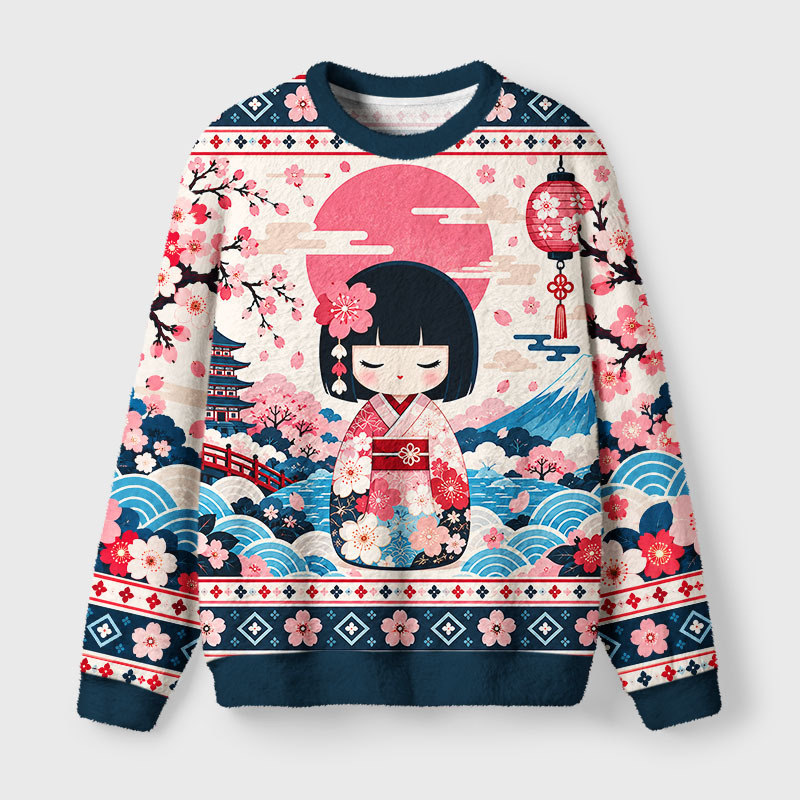 Tokyo-Tiger Cute Japanese Doll Fuzzy Christmas Ugly Sweatshirt Sale
