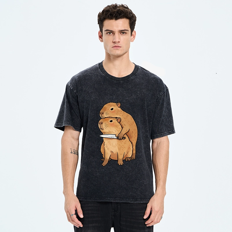 Tokyo-Tiger Capybara With Knife Funny Meme Washed T-Shirt