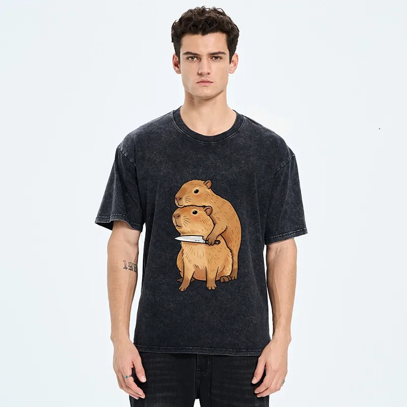 Tokyo-Tiger Capybara With Knife Funny Meme Washed T-Shirt