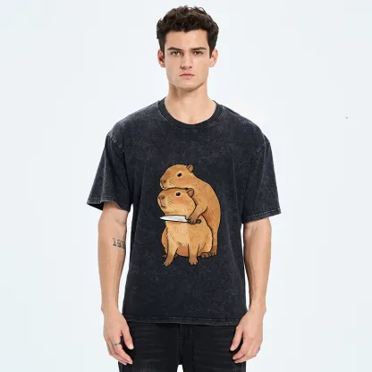 Tokyo-Tiger Capybara With Knife Funny Meme Washed T-Shirt