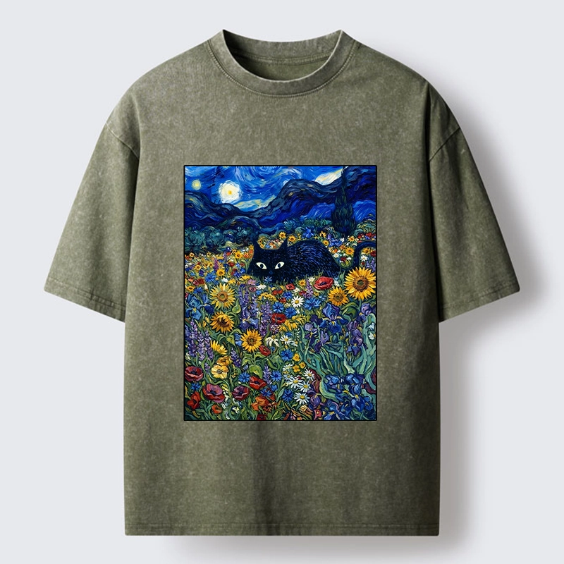 Tokyo‑Tiger Starry Night Cat Washed T‑Shirt