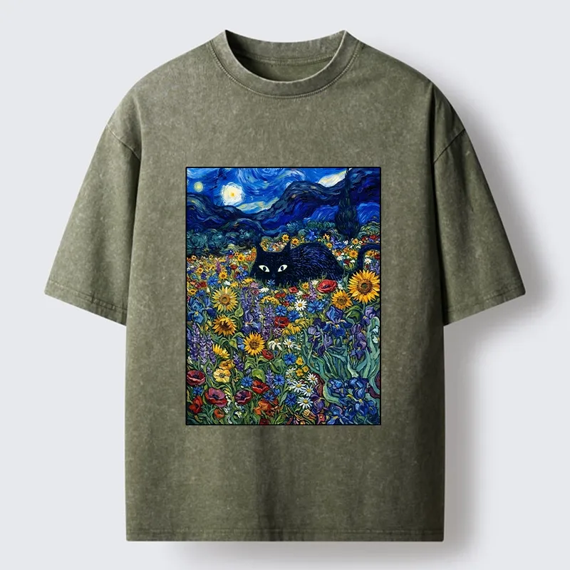 Tokyo‑Tiger Starry Night Cat Washed T‑Shirt