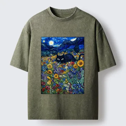 Tokyo‑Tiger Starry Night Cat Washed T‑Shirt