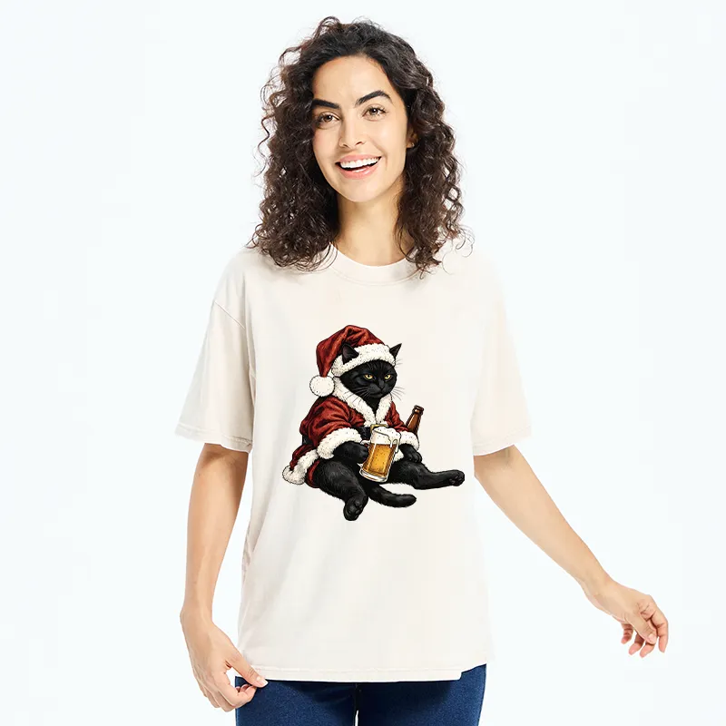 Tokyo-Tiger Chill Santa Black Cat Beer Time Washed T-Shirt