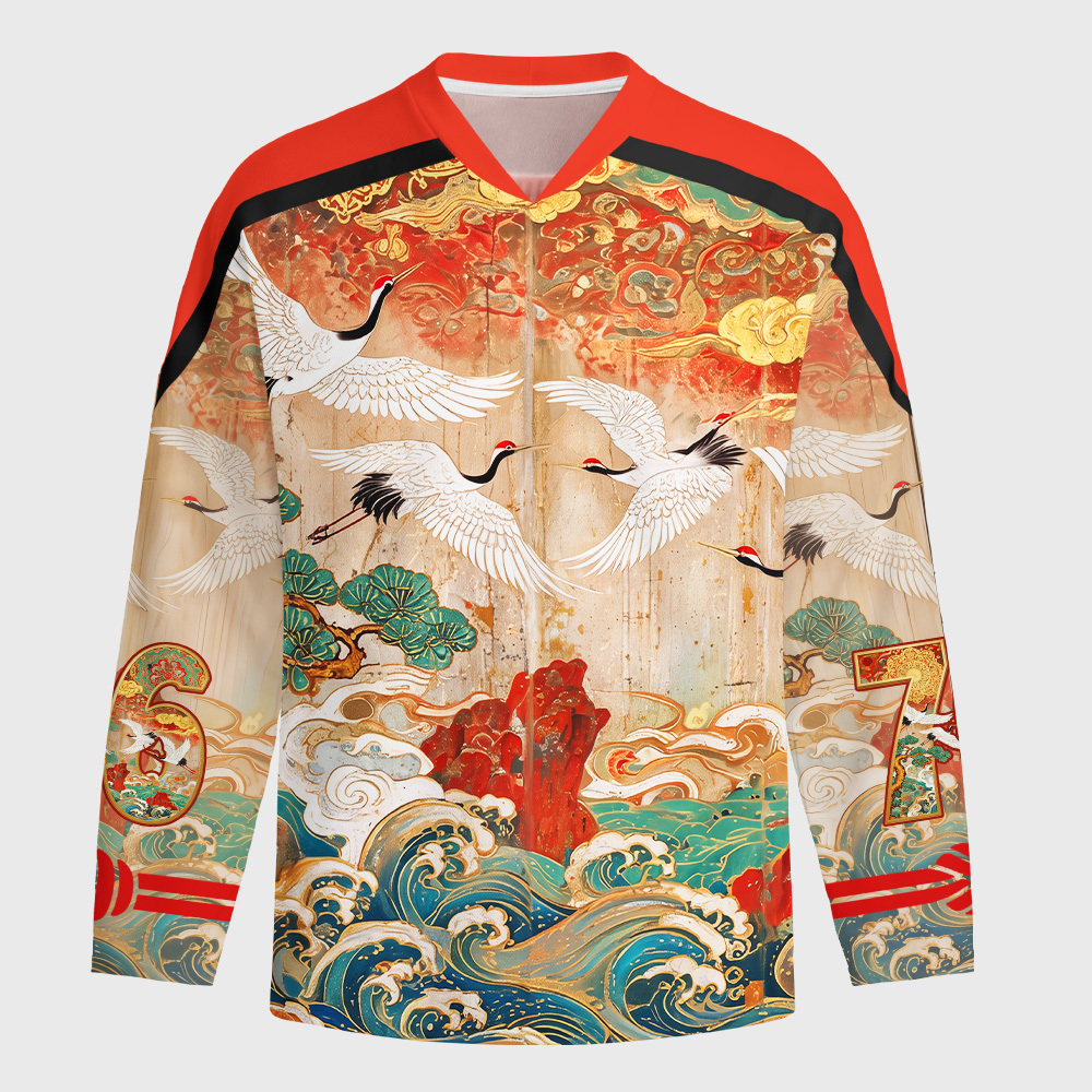 Tokyo-Tiger Flying Cranes Golden Clouds Long-Sleeve Hockey Jersey