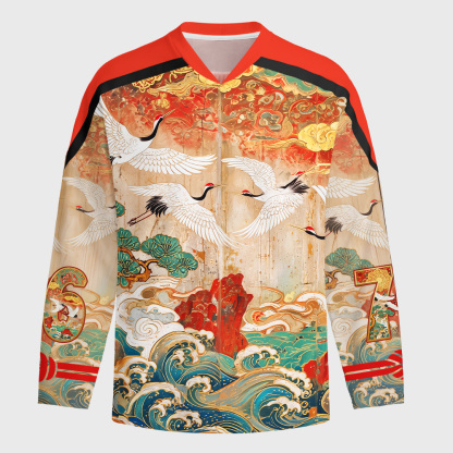Tokyo-Tiger Flying Cranes Golden Clouds Long-Sleeve Hockey Jersey