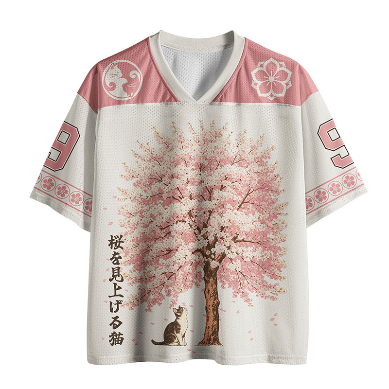 Tokyo-Tiger Cat Gazing At Sakura Mesh Jersey