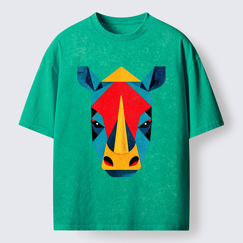 Tokyo-Tiger Geometric Rhino Art Washed T-Shirt